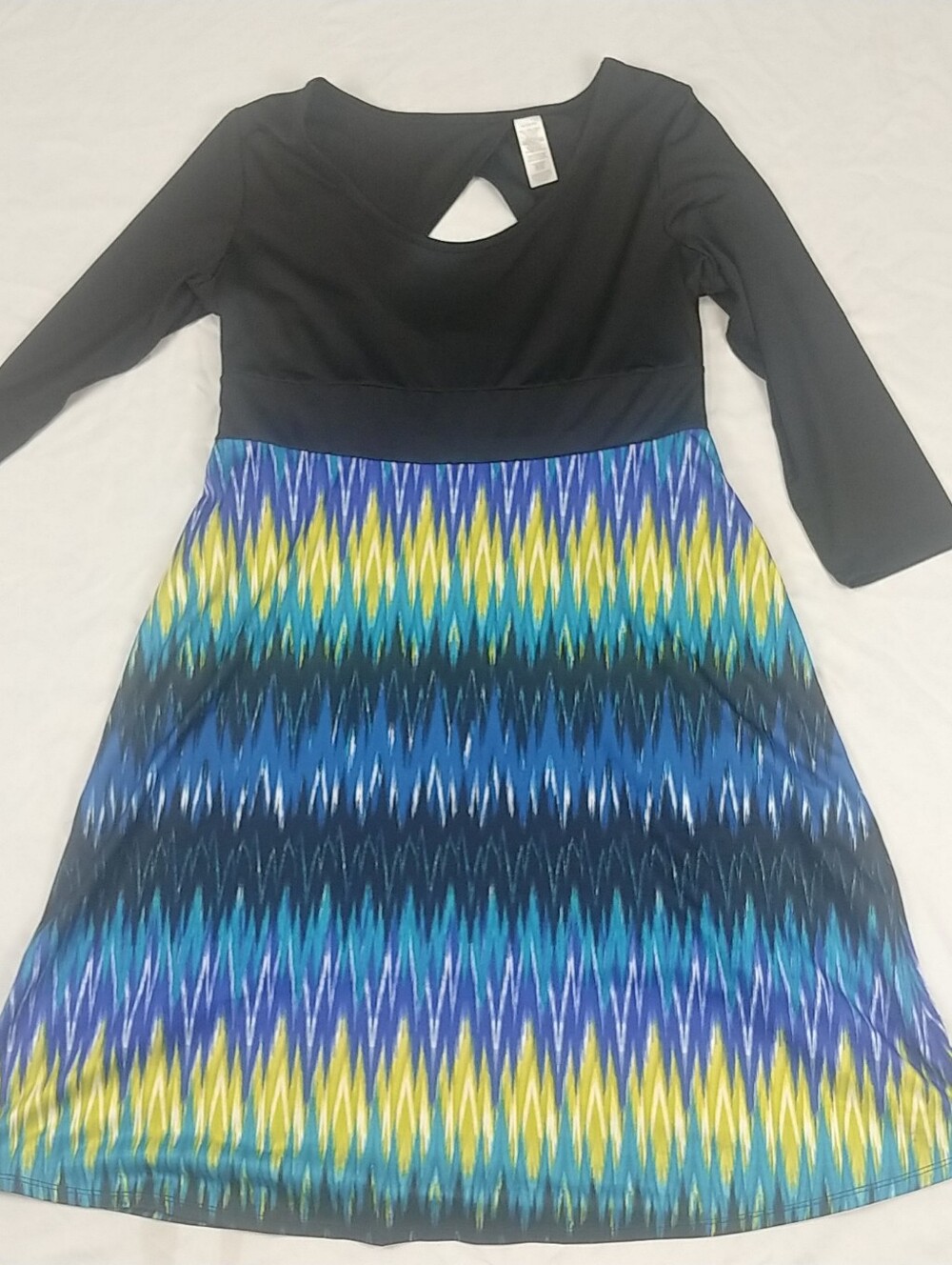 Black Geometric Midi Dress Women XL  3/4  Sleeve Keyhole Back Stretch Aline